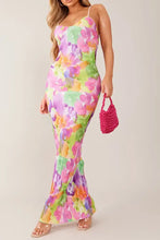 Multicolored floral print mermaid maxi dress with spaghetti straps