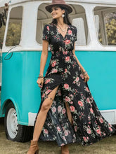 Split Printed V-Neck Short Sleeve Dress Woman Maxi Dress