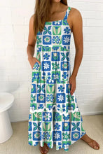 Floral Mixed Pattern Ruffle Flutter Sleeve Buttoned Dress Turquoise Woman Maxi Dress