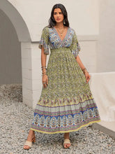 Ruched Printed Flounce Sleeve Maxi Dress Yellow-Green Maxi Dresses