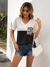 Ivy Lane Color Block V-Neck Short Sleeve Tee Black Woman T Shirts