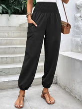 Smocked High Rise Joggers with Pockets Black Woman Pants