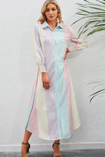 Rainbow Stripe Button-Up Maxi Shirt Dress Stripe Woman Maxi Dress