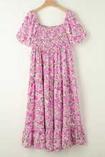 Plus Size Smocked Printed Square Neck Short Sleeve Dress Woman Maxi Dress