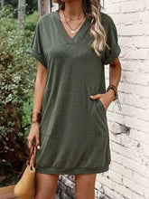 V-Neck Short Sleeve Mini Tee Dress Army Green Woman Casual Dress