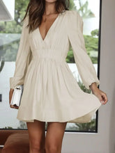 Ruched V-Neck Balloon Sleeve Mini Dress Woman Casual Dress