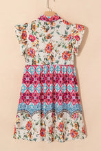 Floral Mixed Pattern Ruffle Flutter Sleeve Buttoned Dress Casual Dresses