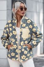 Pocketed Floral Mock Neck Jacket Pastel Yellow Woman Outerwear