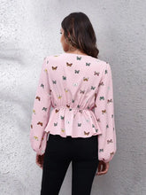 Butterfly V-Neck Balloon Sleeve Peplum Blouse Woman Blouses