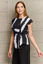 Perfee Printed Round Neck Short Sleeve Blouse Black-White Woman Blouses