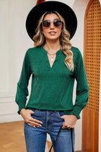 Notched Lantern Sleeve T-Shirt Dark Green Woman T Shirts