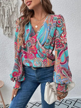 Printed Surplice Smocked Lantern Sleeve Blouse Woman Blouses