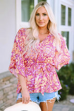 Floral V-Neck Tie Front Ruffled Blouse Blush Pink Woman Blouses