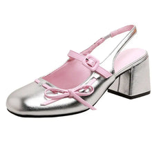 Round Toe Block Heels Loafers Silver Woman Loafers
