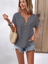 Full Size Notched Short Sleeve Top Plus Size Grey Woman T Shirts