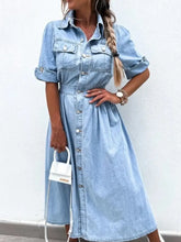 Full Size Button Down Roll-Up Sleeve Denim Shirt Dress Plus Size Woman Dress