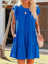 Ruffled Round Neck Cap Sleeve Mini Dress Royal Blue Casual Dresses