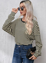 Black and beige striped round neck dropped shoulder long-sleeve T-shirt