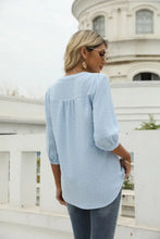 Swiss Dot Notched Neck Three-Quarter Sleeve Blouse Woman T Shirts