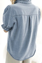 Ruffle Short Puff Sleeve Button Down Denim Shirt Woman Denim Tops