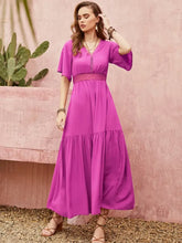 Lace Detail V-Neck Short Sleeve Midi Dress Woman Casual Dress