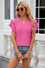 Eyelet Notched Short Sleeve T-Shirt Hot Pink Woman T Shirts