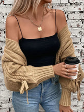 Cable-Knit Tied Open Front Lantern Sleeve Cardigan Woman Outerwear
