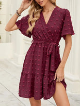 Swiss Dot Flutter Sleeve Wrap Dress Burgundy Woman Casual Dress