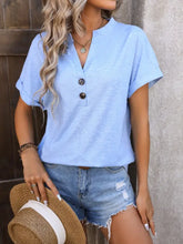 Mandy Notched Buttoned Short Sleeve T-Shirt Woman T Shirts