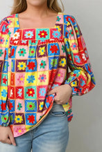 Printed Square Neck Balloon Sleeve Top Woman Blouses