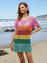 Openwork Round Neck Short Sleeve Cover-UP Swimwear Cover-Ups