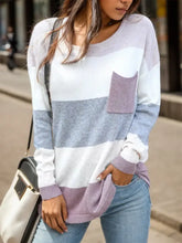 Striped Round Neck Sweater with Pocket Stripe Sweater Pullovers