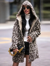 Shiny Leopard Hooded Coat with Pockets Woman Outerwear