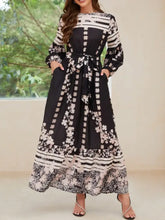 Printed Round Neck Long Sleeve Maxi Dress with Pockets Black Woman Maxi Dress