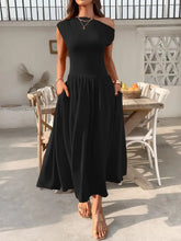 Single Shoulder Dress with Pockets Black Woman Dress