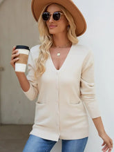 Pocketed V-Neck Button Up Long Sleeve Cardigan Tan One Size Woman Outerwear