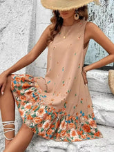 Ruffled Hem Floral Sleeveless Mini Tank Dress Tan Casual Dresses