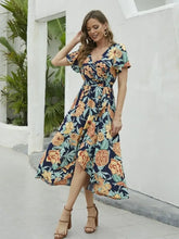 Floral Print Short Sleeve Wrap Midi Dress Woman Casual Dress