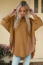 Contrast Texture Round Neck Long Sleeve Blouse Woman Sweatshirts