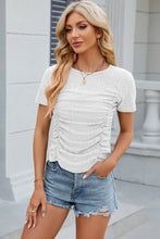 Eyelet Ruched Round Neck Short Sleeve T-Shirt Woman T Shirts