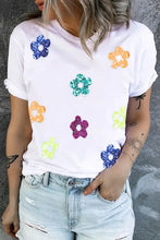 Sequin Flower Round Neck Short Sleeve T-Shirt White Woman T Shirts