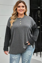 Plus Size Round Neck Long Sleeve Buttoned Blouse Dark Gray Woman Blouses