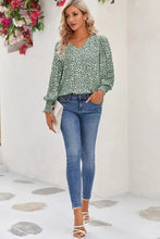 Printed V-Neck Smocked Lantern Sleeve Blouse Woman Blouses