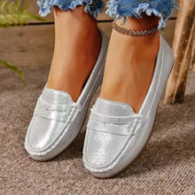 PU Leather Round Toe Flat Slip-Ons Silver Woman Loafers