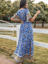 Slit Printed V-Neck Half Sleeve Maxi Dress Woman Maxi Dress