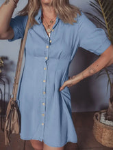 Denim Pleated Slim Waist Short Sleeve Shirt Dress Woman Dress