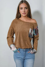 Women’s geometric drop shoulder brown faux suede top with pocket