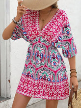 Printed Tie Back Half Sleeve Mini Dress Hot Pink Casual Dresses