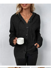 Drawstring Button Up Hooded Cardigan Black Woman Outerwear