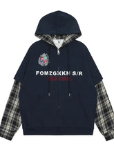 Men's Plaid Sleeve Patchwork Letter Zip-Up Hoodie Blue Mens Tops